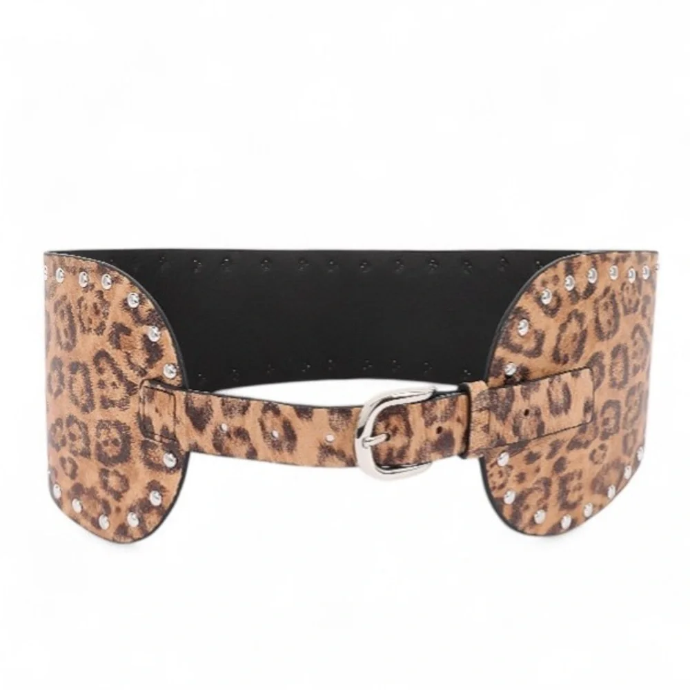 Vegan Leather Leopard Animal Print Statement Belt with Silver Accents